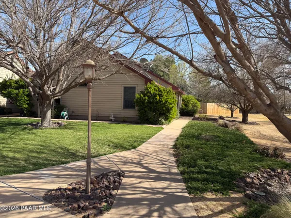 a backyard of a house with plants and large tree