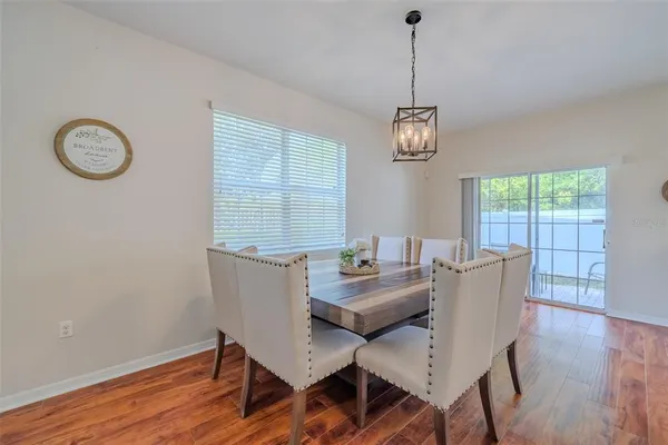 a view of a dining room with furniture window and wooden floor