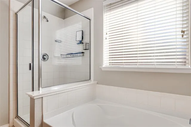 a bathroom with a bathtub and a shower