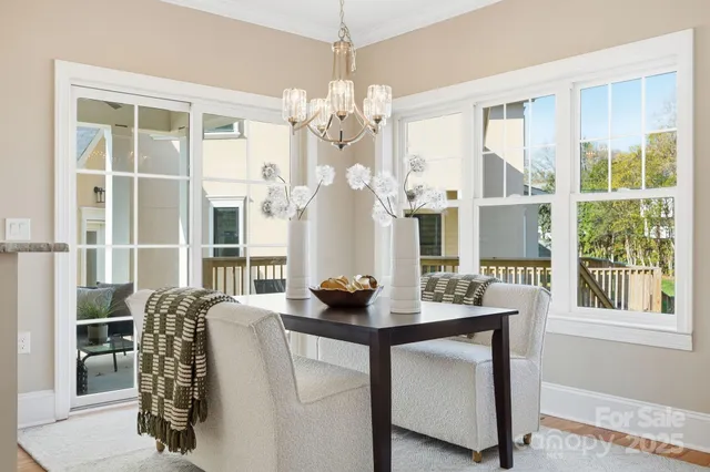 a dining room with furniture and large windows
