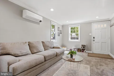 a living room with furniture and a potted plant