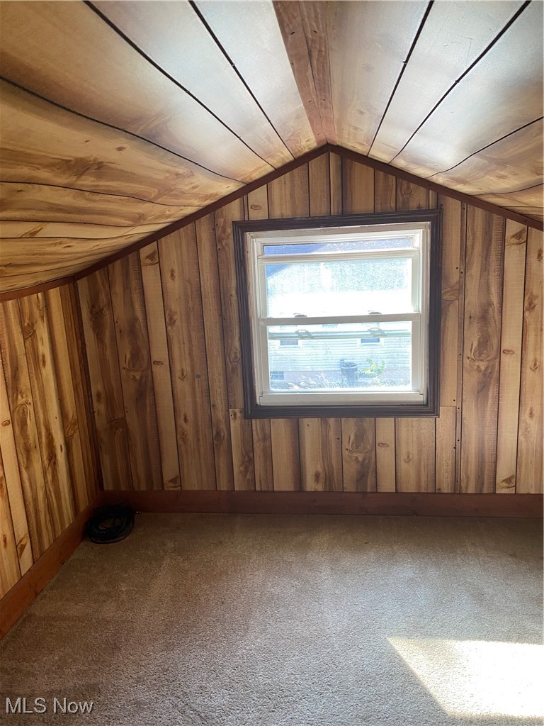 742 Ranney Street Akron, OH 44310 - Photo 5 of 13 Bonus room featuring lofted ceiling, wooden walls, carpet flooring, and wooden ceiling