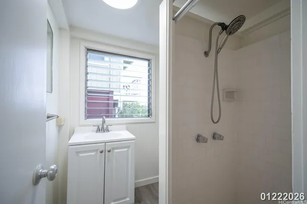 a bathroom with a sink a mirror and shower