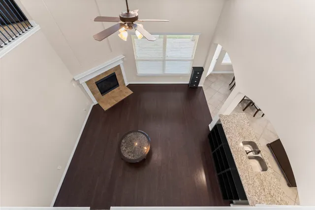 a view of workspace with wooden floor