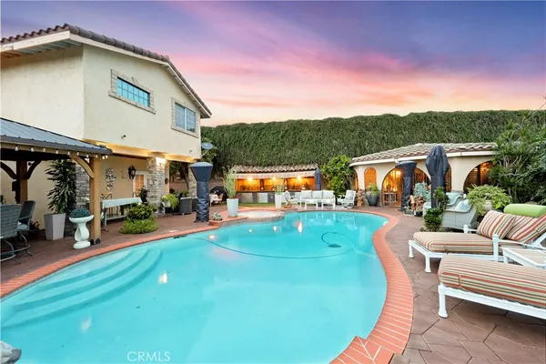 a garden view with a seating space