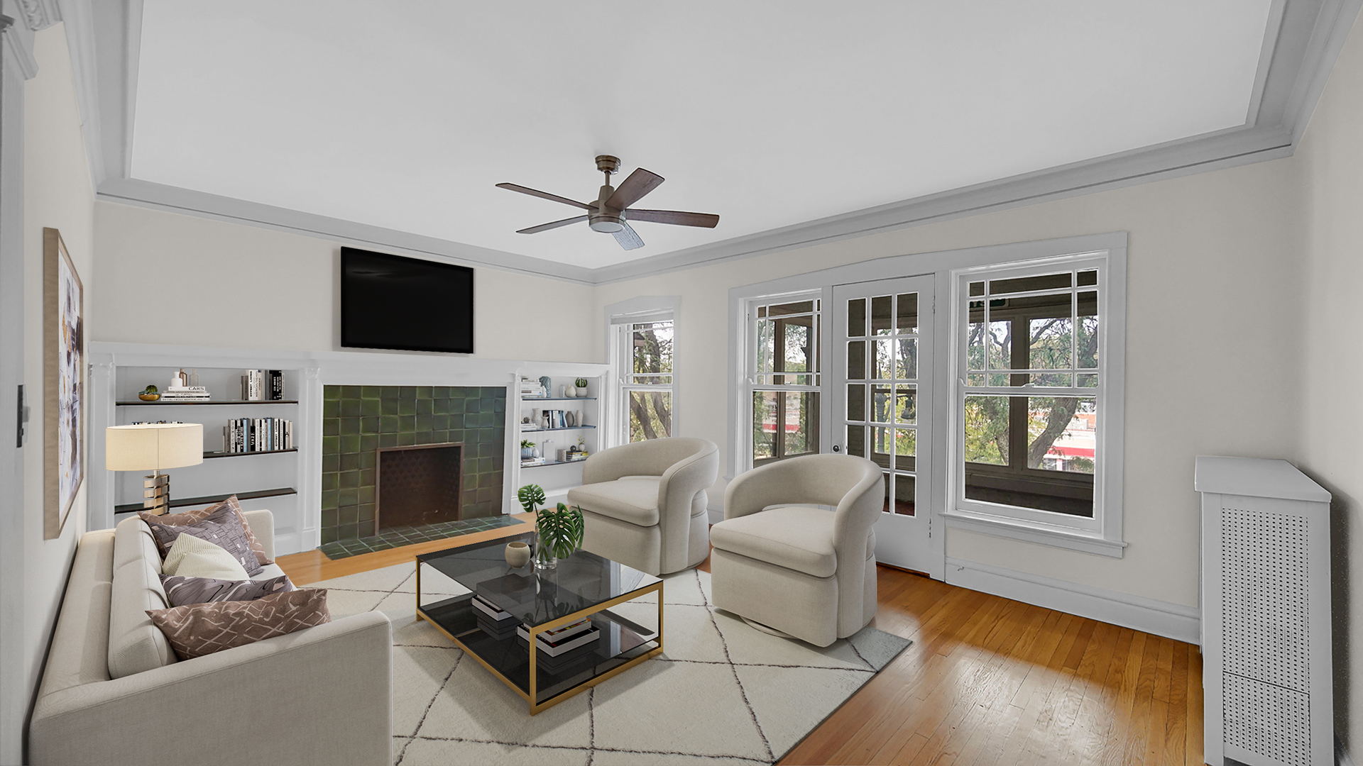 1213 East 53rd Street, Unit 3W Chicago, IL 60615 - Photo 3 of 21 a living room with furniture a fireplace and a flat screen tv