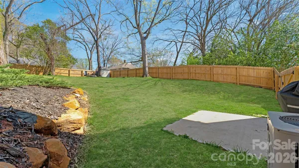 a view of a backyard with large trees