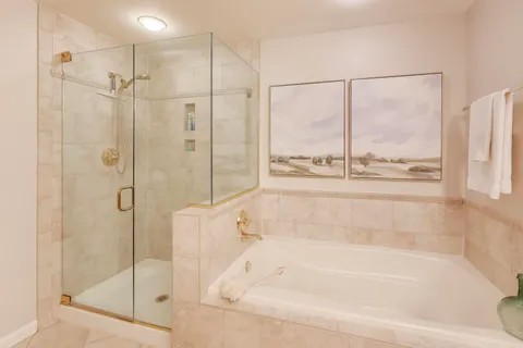 a bathroom with a bathtub and a shower