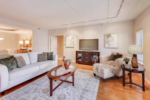 a living room with furniture a rug and a flat screen tv