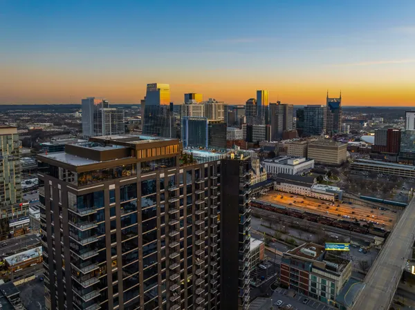 a city view with tall buildings