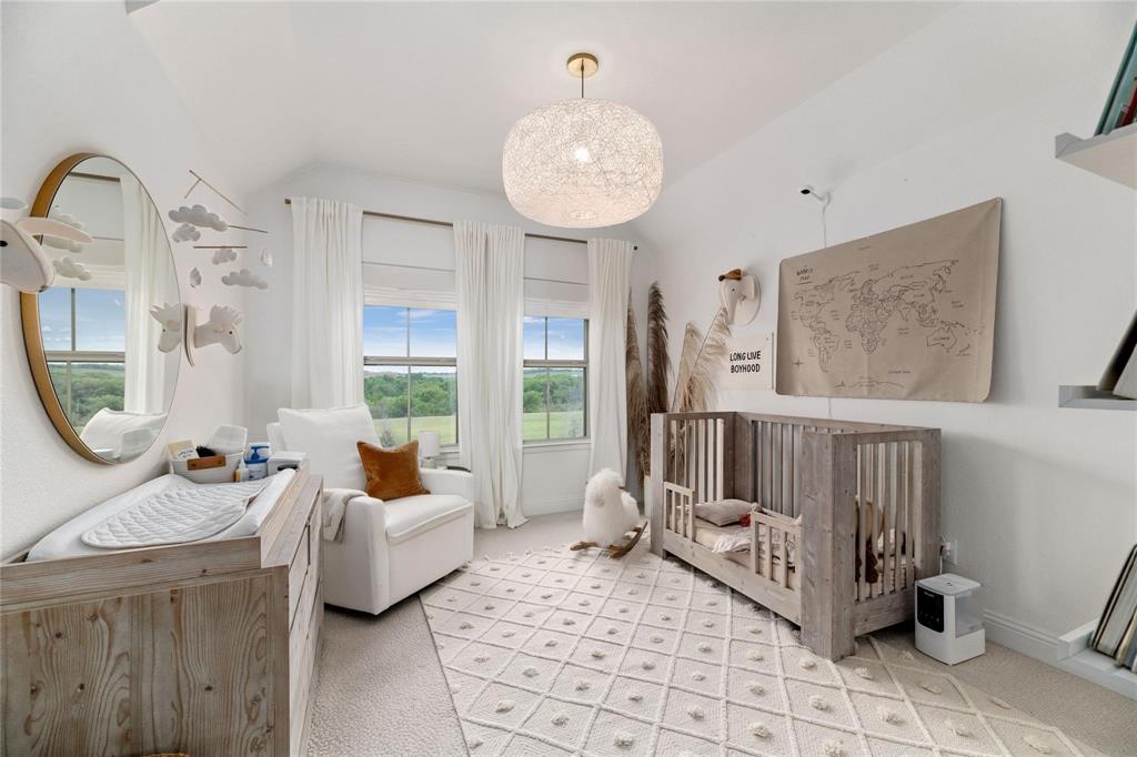 2262 Poppyvine Road Frisco, TX 75033 - Photo 31 of 40 Bright bedroom featuring two large windows with white roller shades, a contemporary woven pendant light fixture, and a neutral-toned patterned area rug