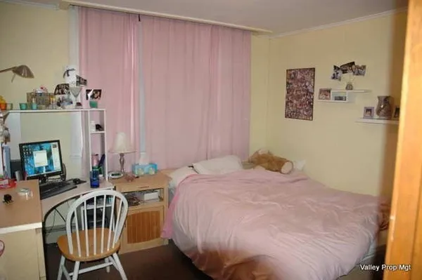a bedroom with a bed a chair and potted plants on the table