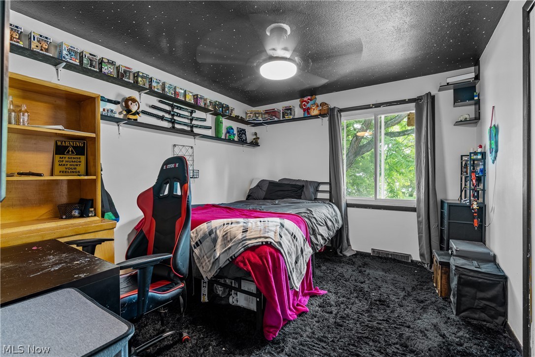 13548 Holland Road Brook Park, OH 44142 - Photo 22 of 27 Room featuring dark ceiling with white speckles, white walls, and dark shag carpet