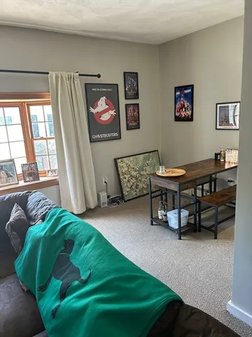 a living room with a bed and furniture