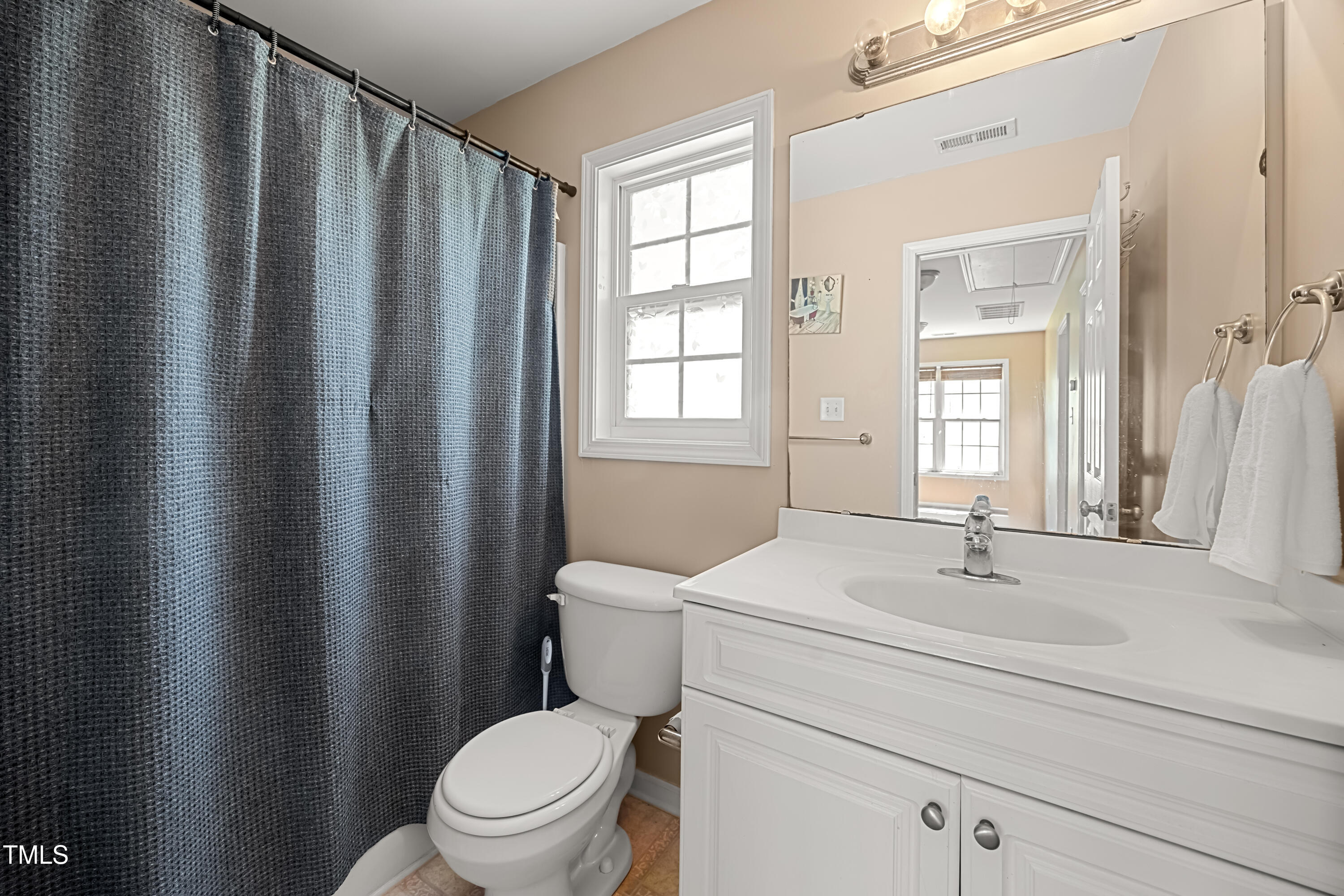 5865 Forest Point Road Raleigh, NC 27610 - Photo 27 of 37 a bathroom with a sink a toilet a mirror and shower curtain