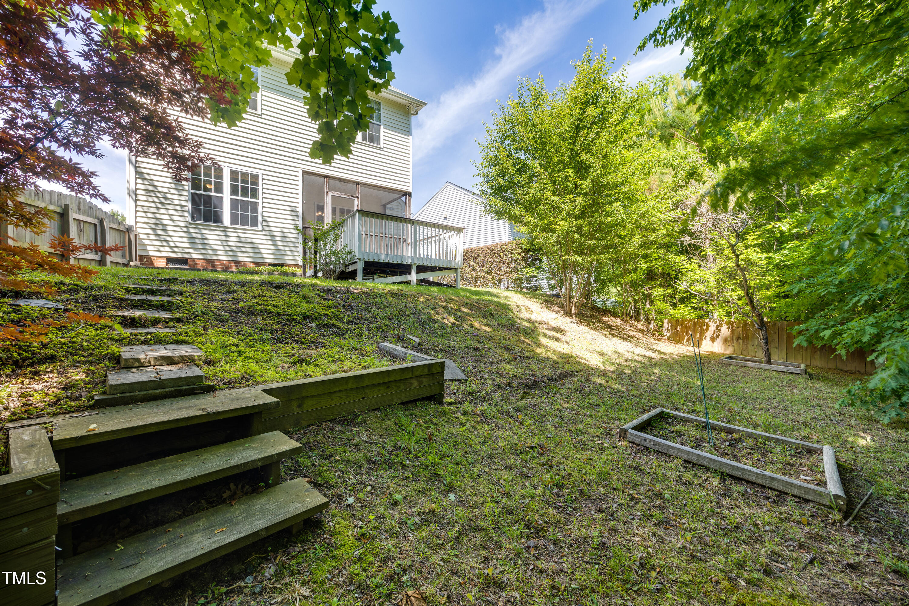 5865 Forest Point Road Raleigh, NC 27610 - Photo 33 of 37 a view of a backyard with wooden fence and a bench