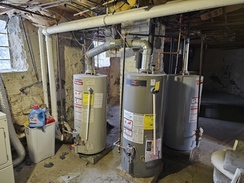 418 Anthony Street Fall River, MA 02721 - Photo 6 of 8 a view of a storage room with water heater and racks