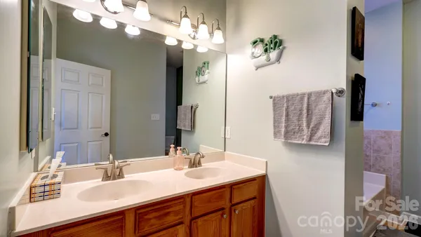 a bathroom with a sink vanity and a mirror