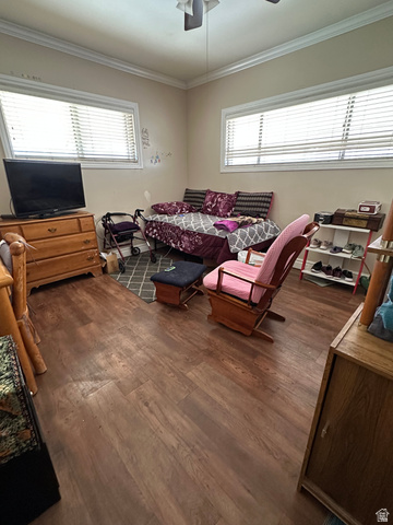 8320 West 3100th Street South Magna, UT 84044 - Photo 15 of 41 Bedroom with crown molding, dark wood finished floors, and ceiling fan