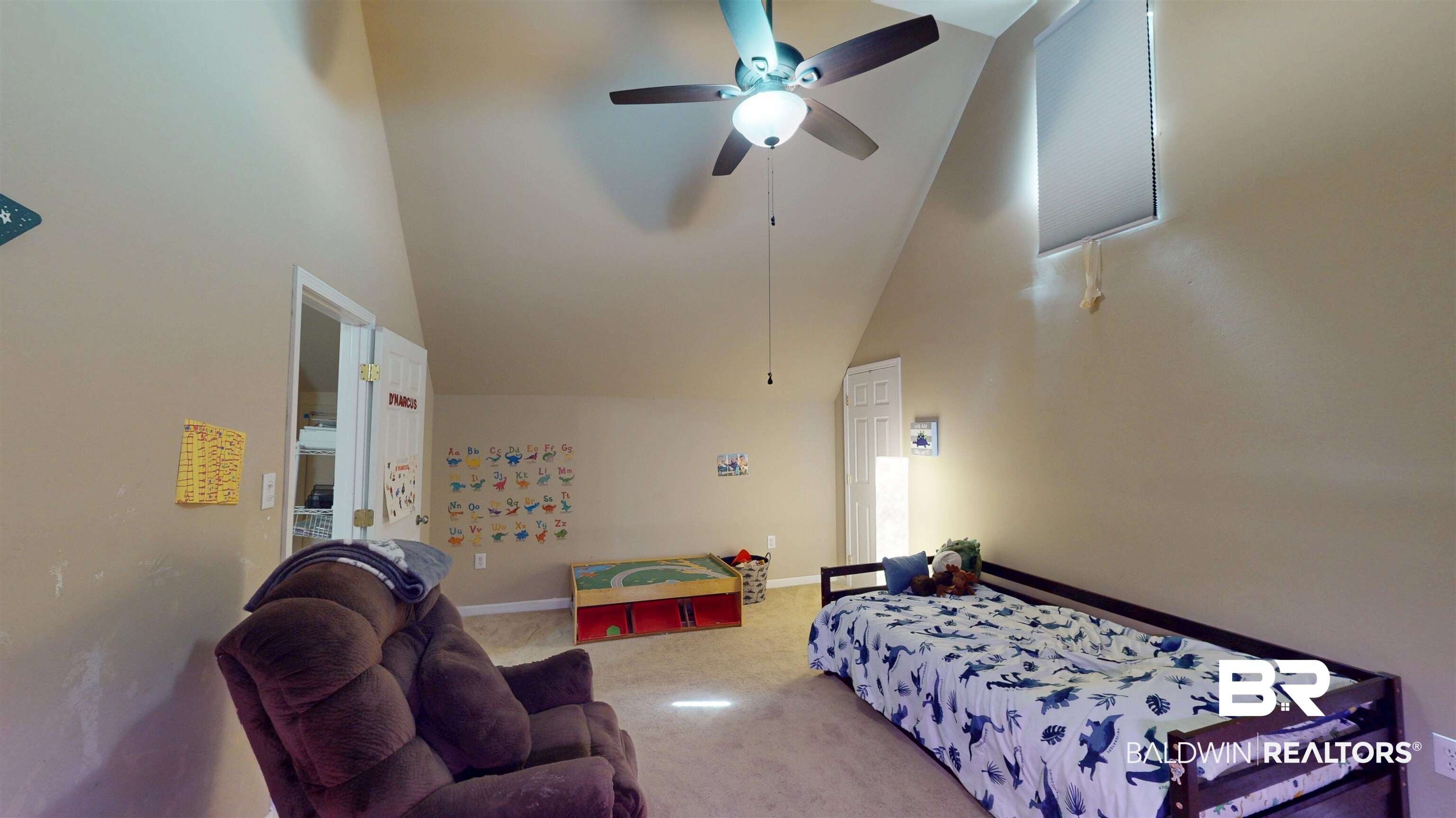 1154 New St Francis Street Mobile, AL 36604 - Photo 31 of 37 Bedroom with baseboards, attic access, carpet flooring, high vaulted ceiling, and a ceiling fan