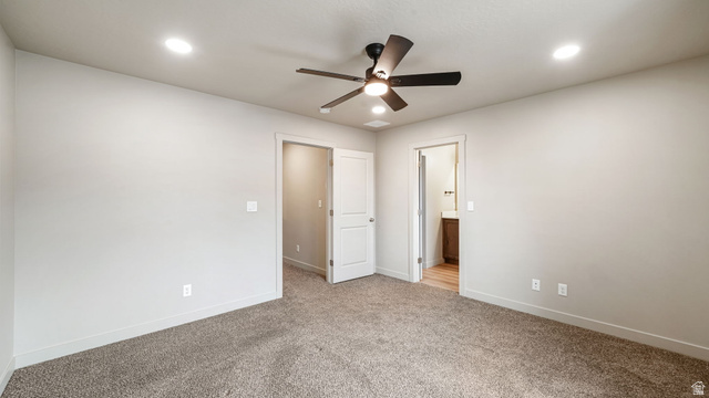 1223 East 1775 North Payson, UT 84651 - Photo 32 of 45 Carpeted interior room featuring a ceiling fan with light fixture, recessed lighting, and light-toned walls