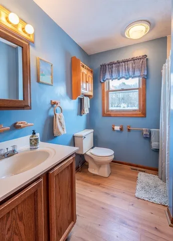 a bathroom with a sink mirror and toilet