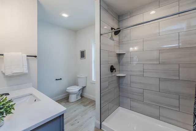 a bathroom with a shower and a toilet
