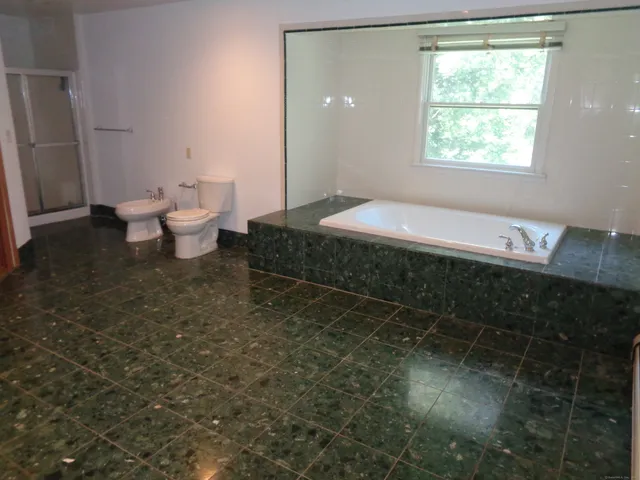 a bathroom with a toilet and a shower