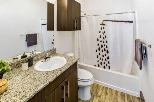a bathroom with a granite countertop sink toilet and shower
