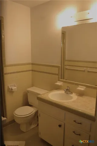 a bathroom with a sink a toilet and mirror