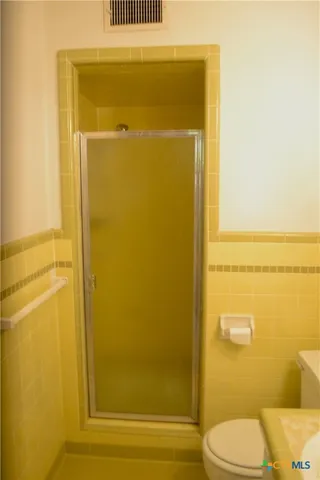 a bathroom with a shower and a toilet