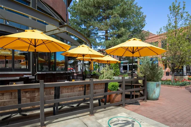 an outdoor space with seating