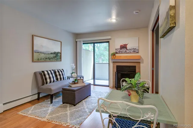 a living room with furniture a fireplace and a potted plant
