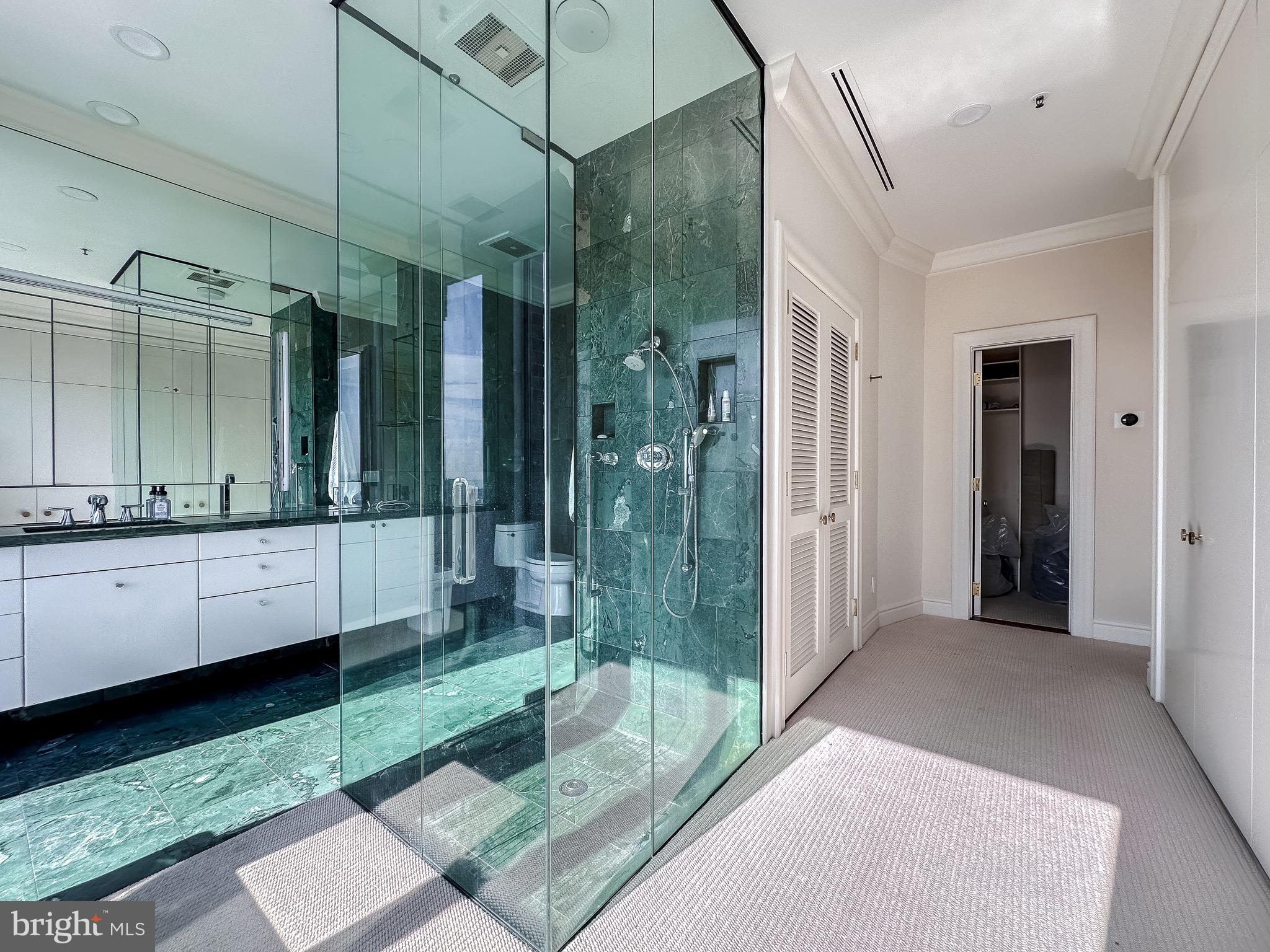 10 East Lee Street, Unit 2701 Baltimore, MD 21202 - Photo 42 of 58 a bathroom with a glass shower door and a sink