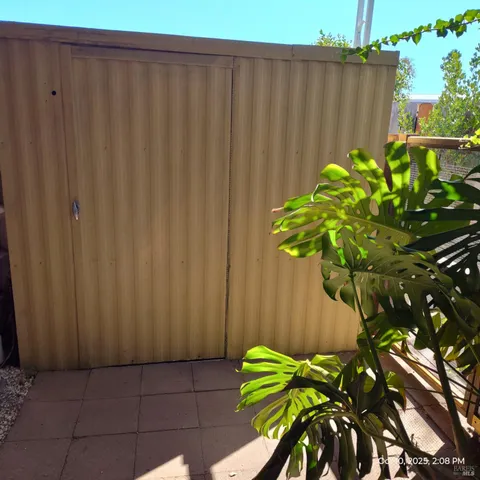 a view of a swimming pool with a yard and plants