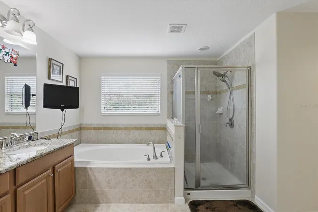 a bathroom with a granite countertop tub sink shower and mirror