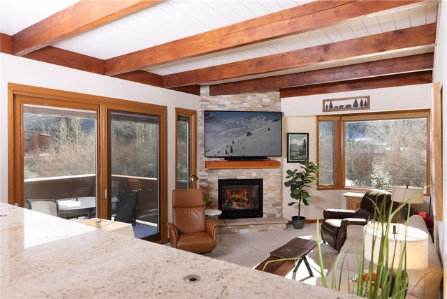 a living room with furniture a fireplace and a floor to ceiling window