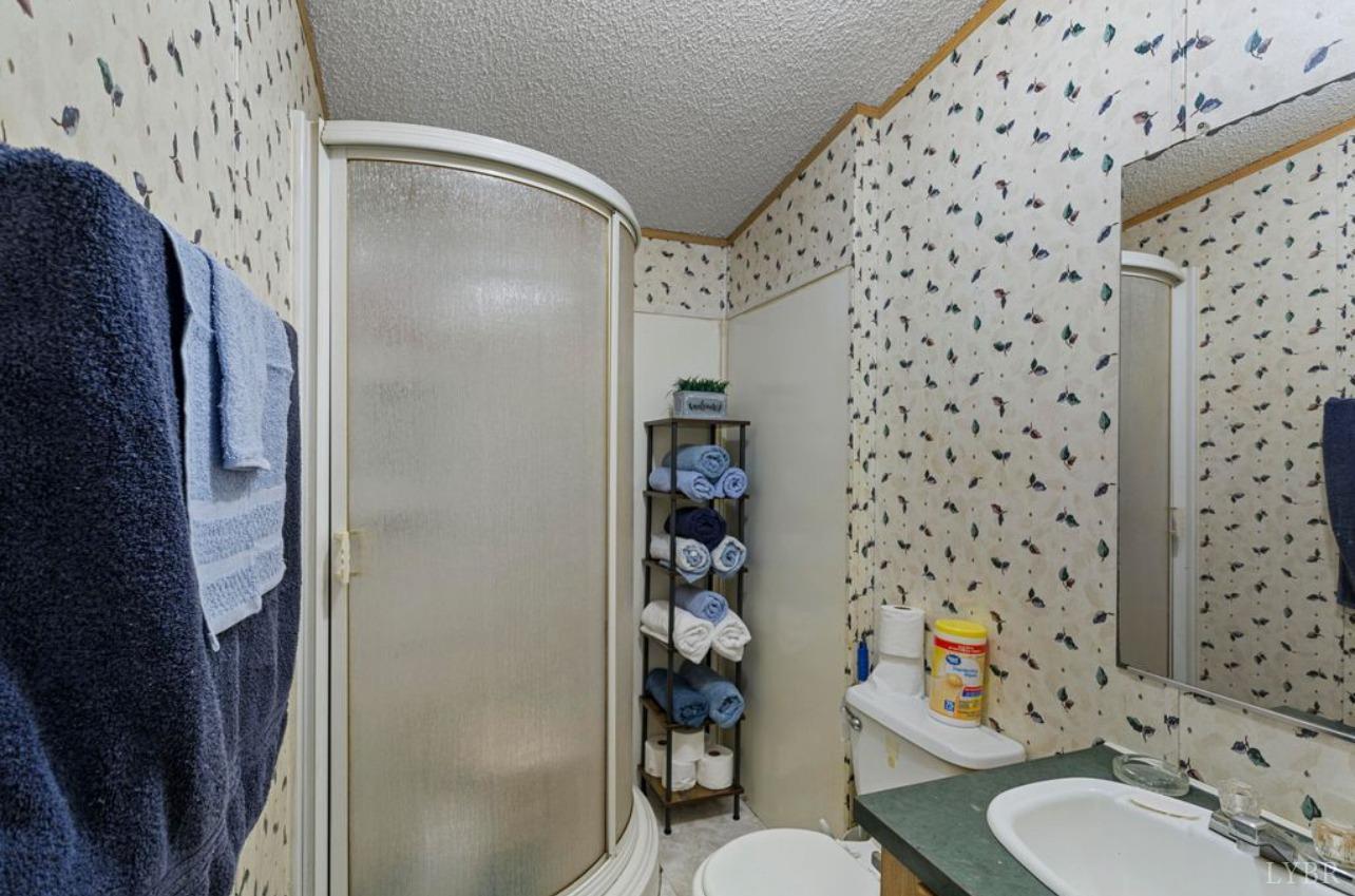 1362 Peaceful Ridge Road Huddleston, VA 24104 - Photo 15 of 19 a bathroom with a granite countertop toilet and a shower curtain