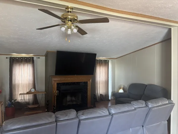 a living room with furniture and a fireplace