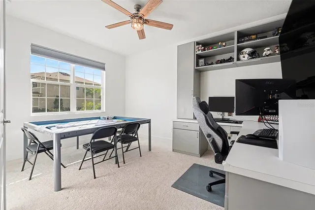 a workspace with chandelier