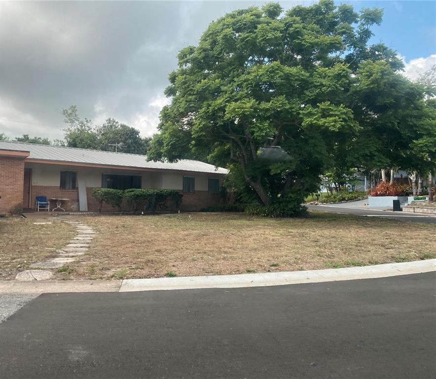 a view of a house with a yard and large tree