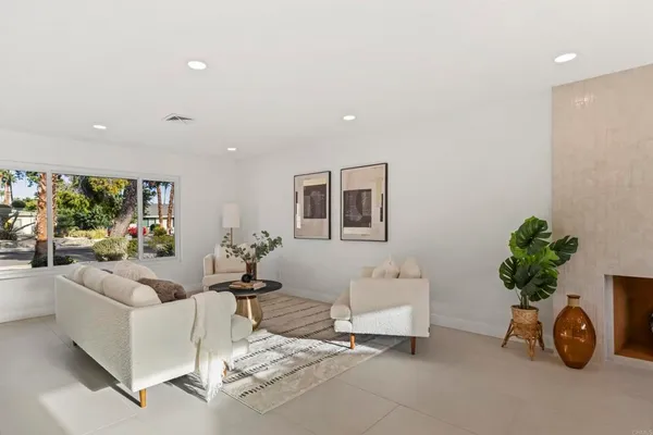 a living room with furniture flowerpot and a potted plant