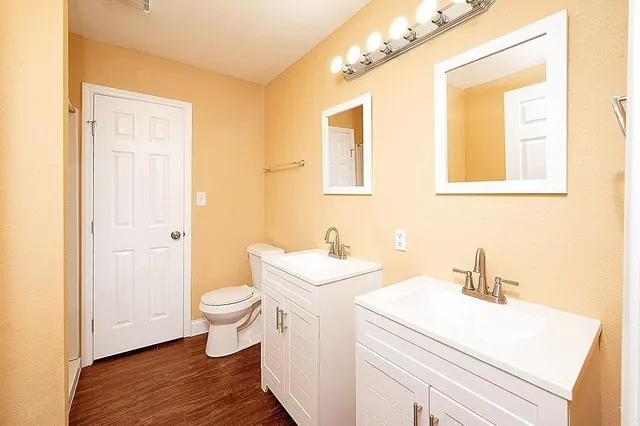 a bathroom with a sink a toilet and a mirror