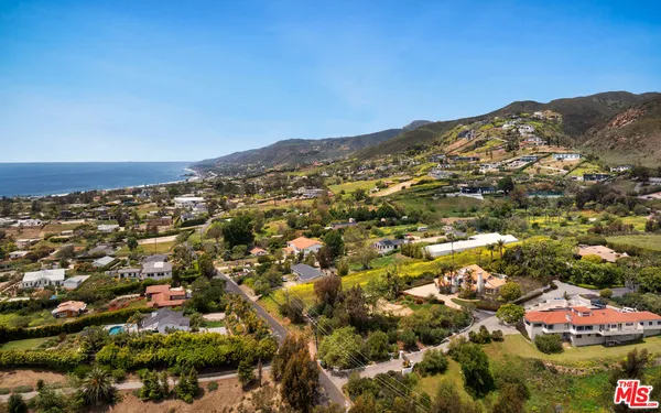 an aerial view of residential houses with outdoor space and trees