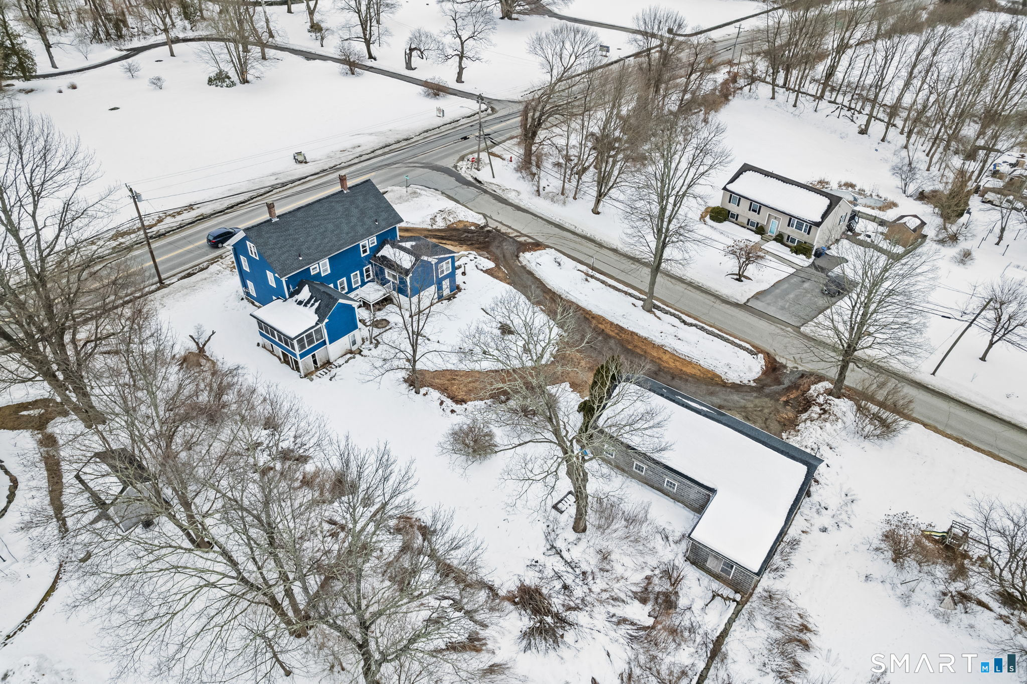 a view of a house with a snow