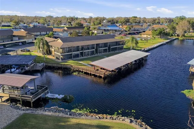 an aerial view of a house with a garden and lake view