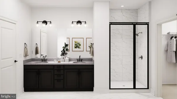 a bathroom with a double vanity sink a and a mirror