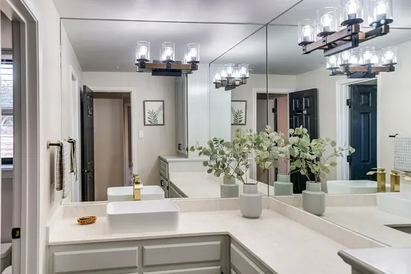 a view of a dining room with a chandelier