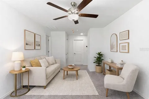 a living room with furniture and a potted plant