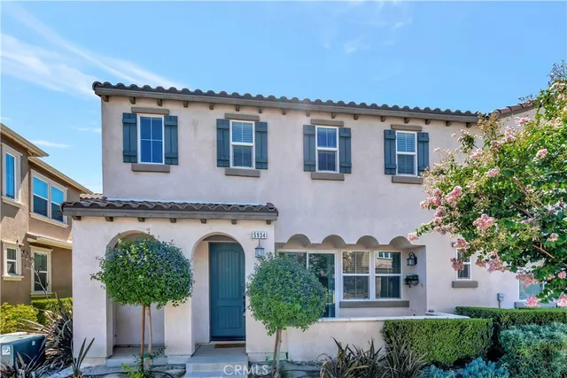 front view of a house with potted plants